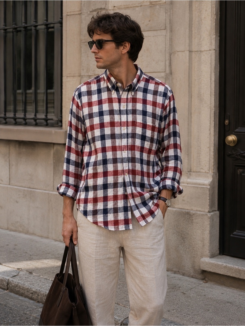 Vince 100% Linen Plaid Button Down Shirt Red Blue White Large Quiet Luxury